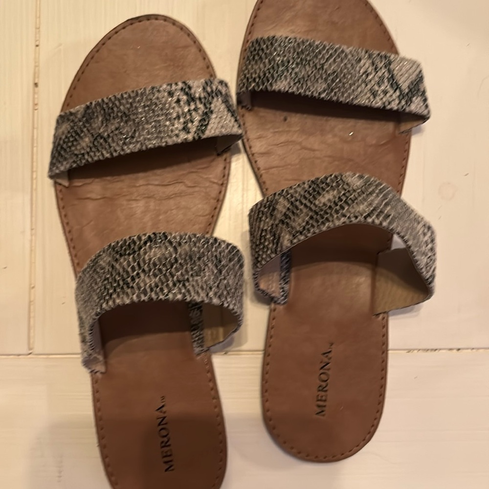 Merona Tan Brown Snake-Print Double Strap Slide Sandals